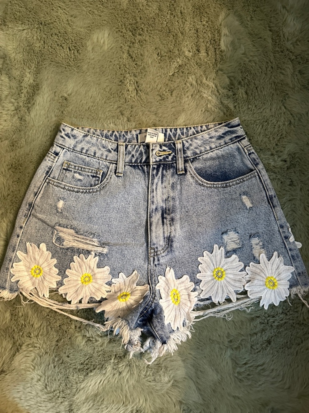 Forever 21 Light Blue Daisy Embroidered Distressed Jean Shorts